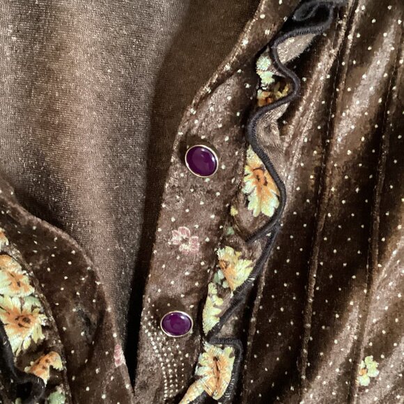 213 Women's Brown Dress Crush Velvet Vintage Retro Style Ruffles Long Sleeves - Picture 5 of 12